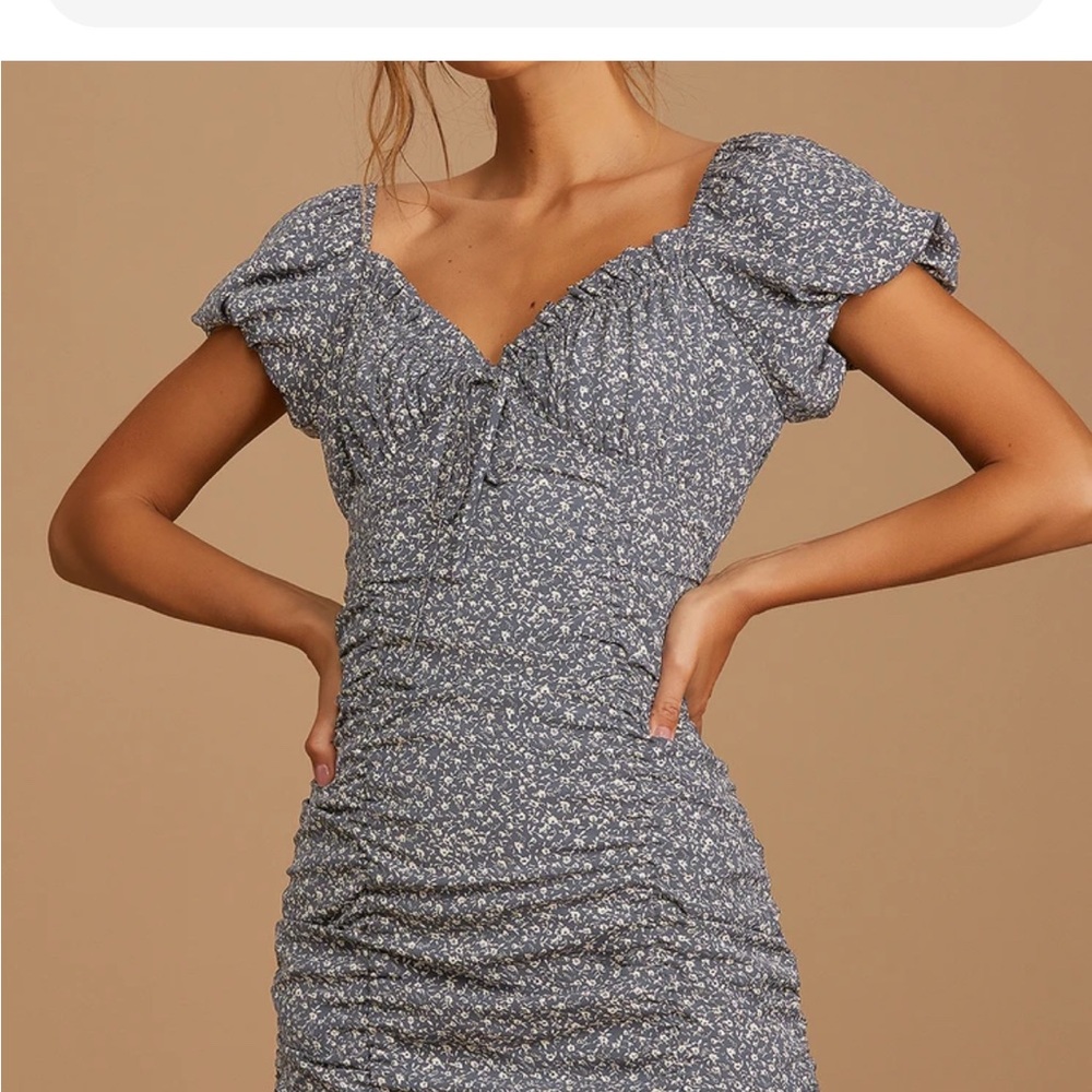 Lulu's Navy and White Floral Ruched Mini Dress